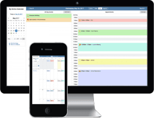 Calendar Software pulled up on a Cell phone and Computer monitor 