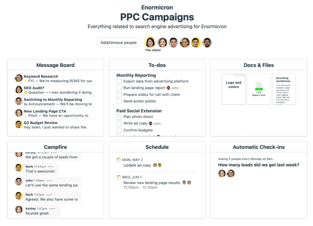 Basecamp’s dashboard format makes it easy to track conversations, tasks, assets, and deadlines for marketing campaigns in one place.