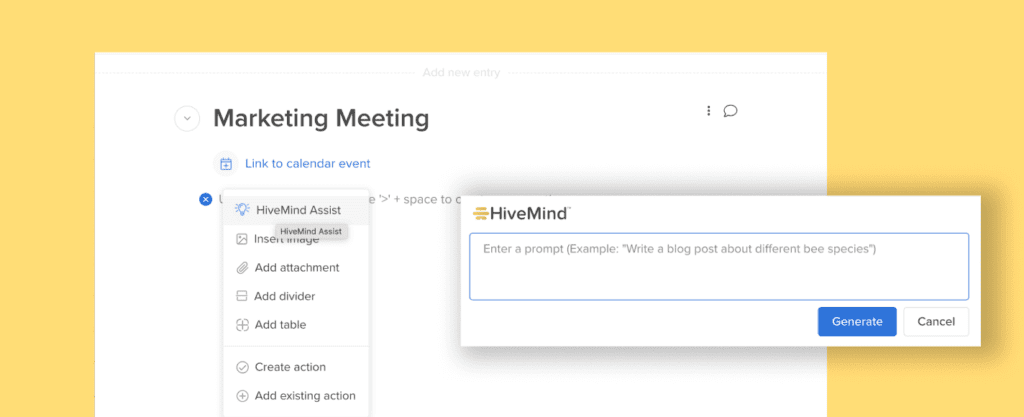 Hive’s latest AI feature, HiveMind, makes it possible to create project tasks based on AI-prompted suggestions for tasks.