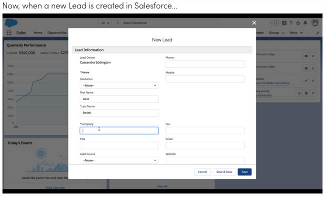 Creating a lead in Salesforce.