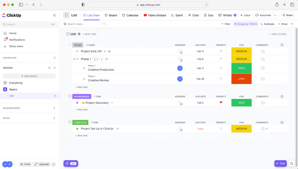 An image of ClickUp's management dashboard.
