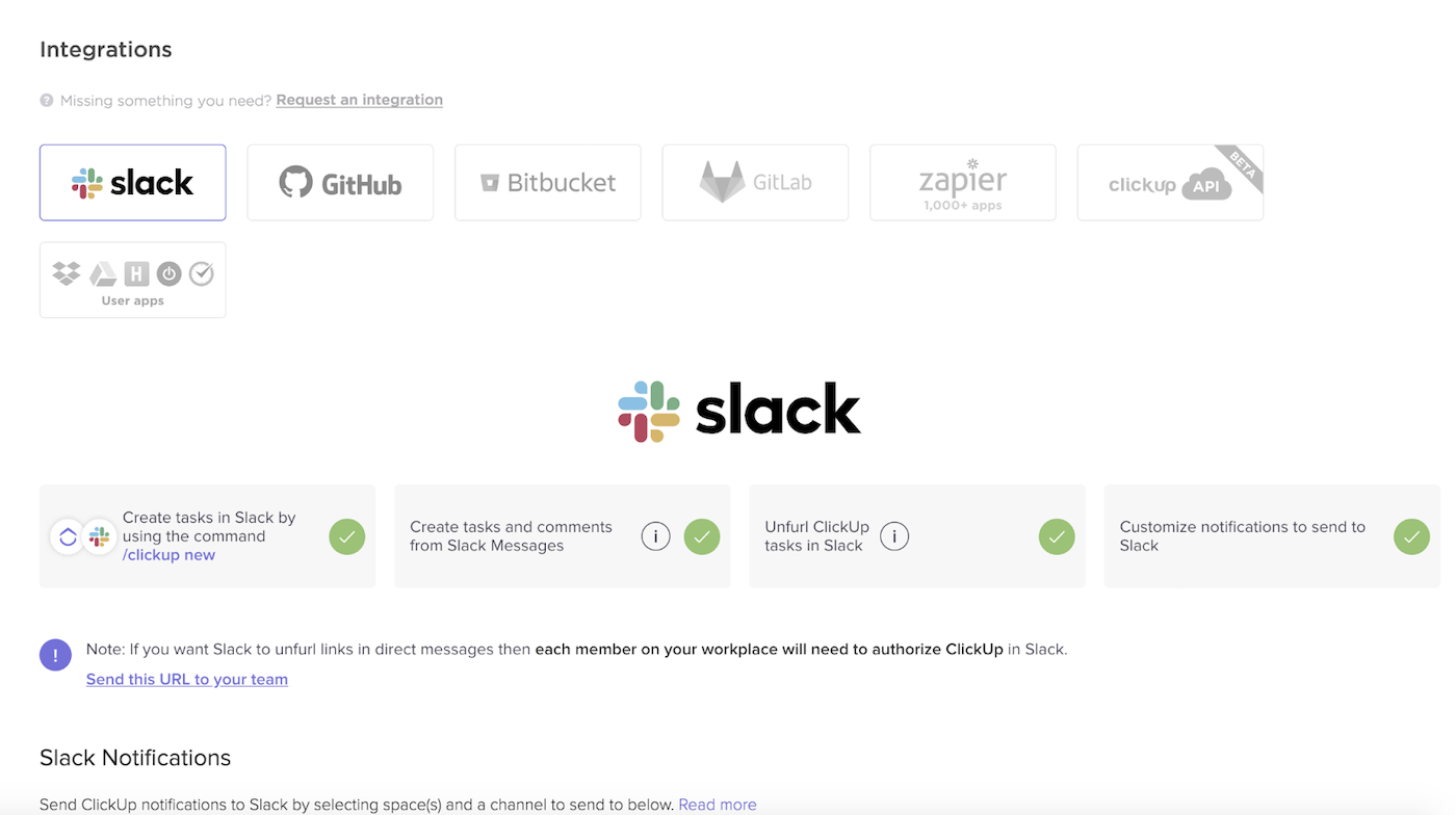 To connect Slack and ClickUp, highlight the Slack app from the dropdown list of available integrations and click Add to Slack.