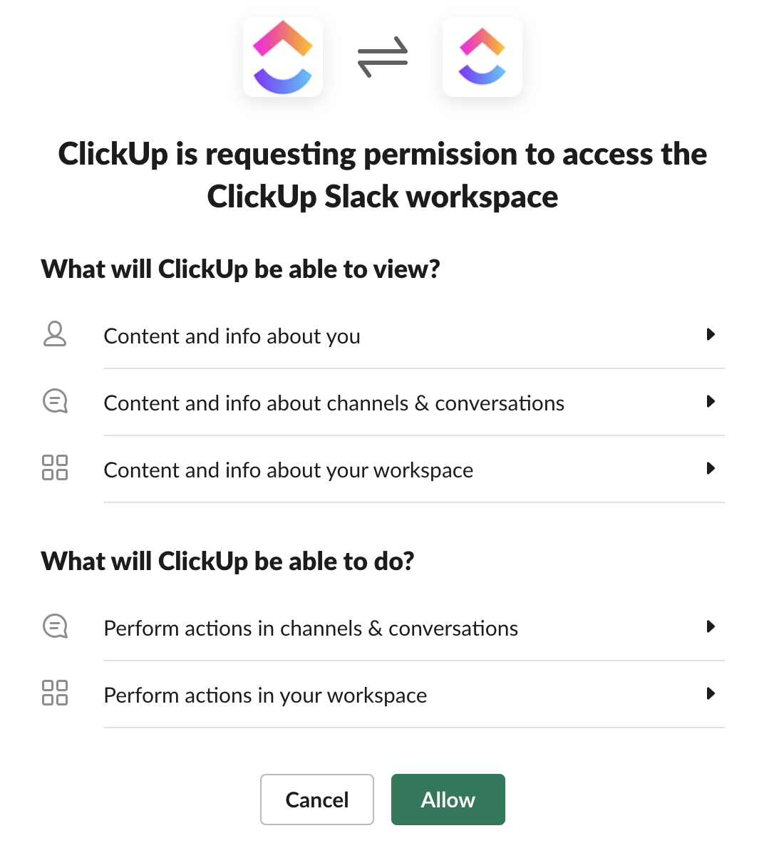 After reading and reviewing the list of features on the pop-window, click Allow to confirm, and finalize the connection between ClickUp and Slack.